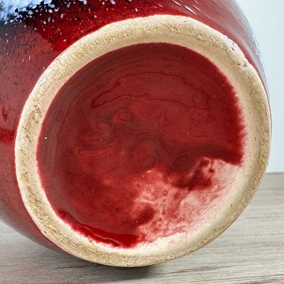 Studio Art Pottery Vase Two Handles Red Navy White Drip Glaze Splatter Squiggly - Picture 14 of 14